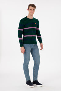 Pulovër me thurje të trashë dhe shirita