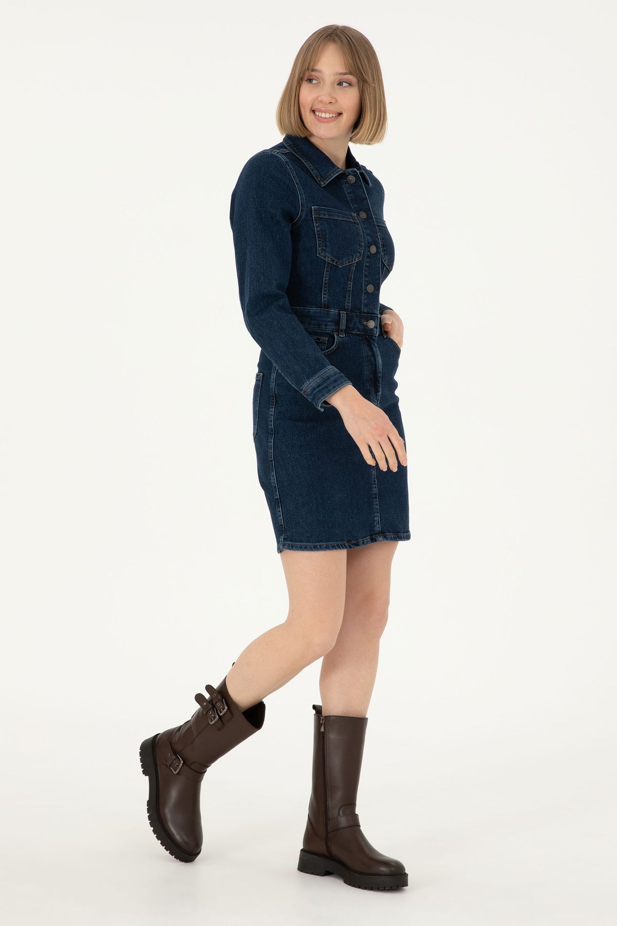 Fustan xhins me mëngë të gjata