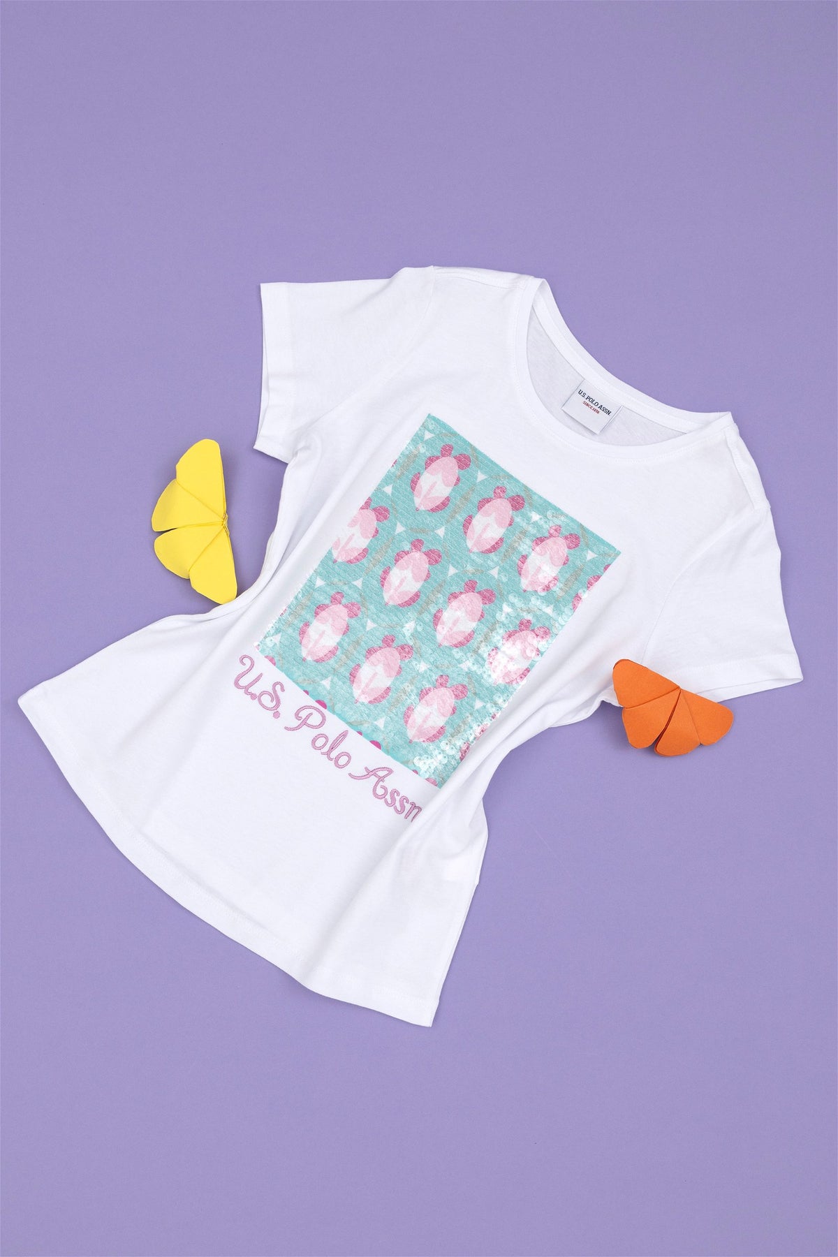 T-shirt USPA me grafik me lule dhe shkëlqim për vajza