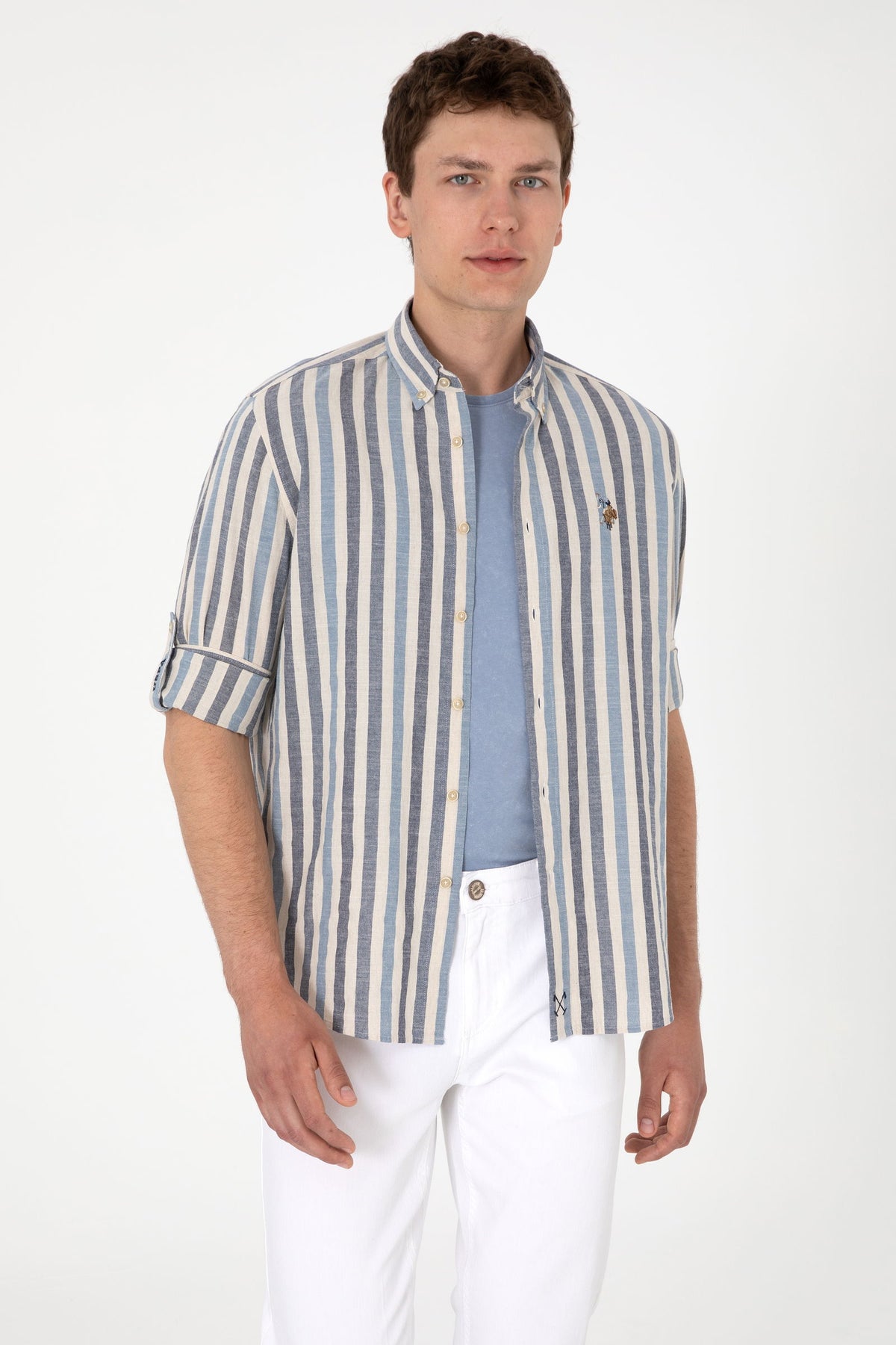 Linen shirt with vertical stripes
