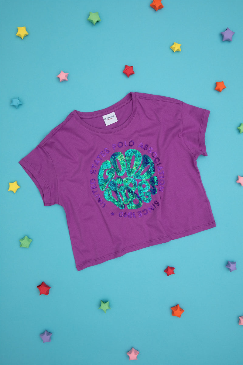 T-shirt USPA me grafik me shkëlqim për vajza