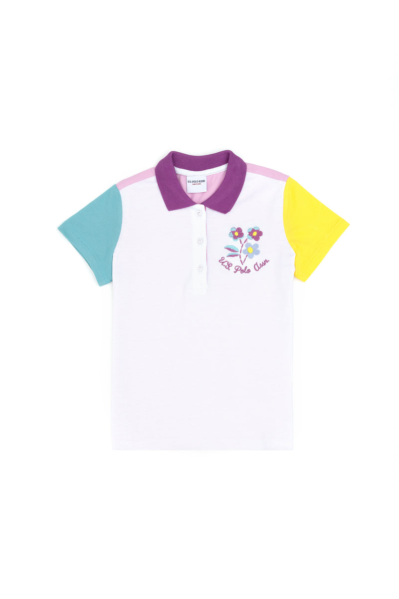 Bluzë polo shumëngjyrëshe me lule të qëndisura për vajza