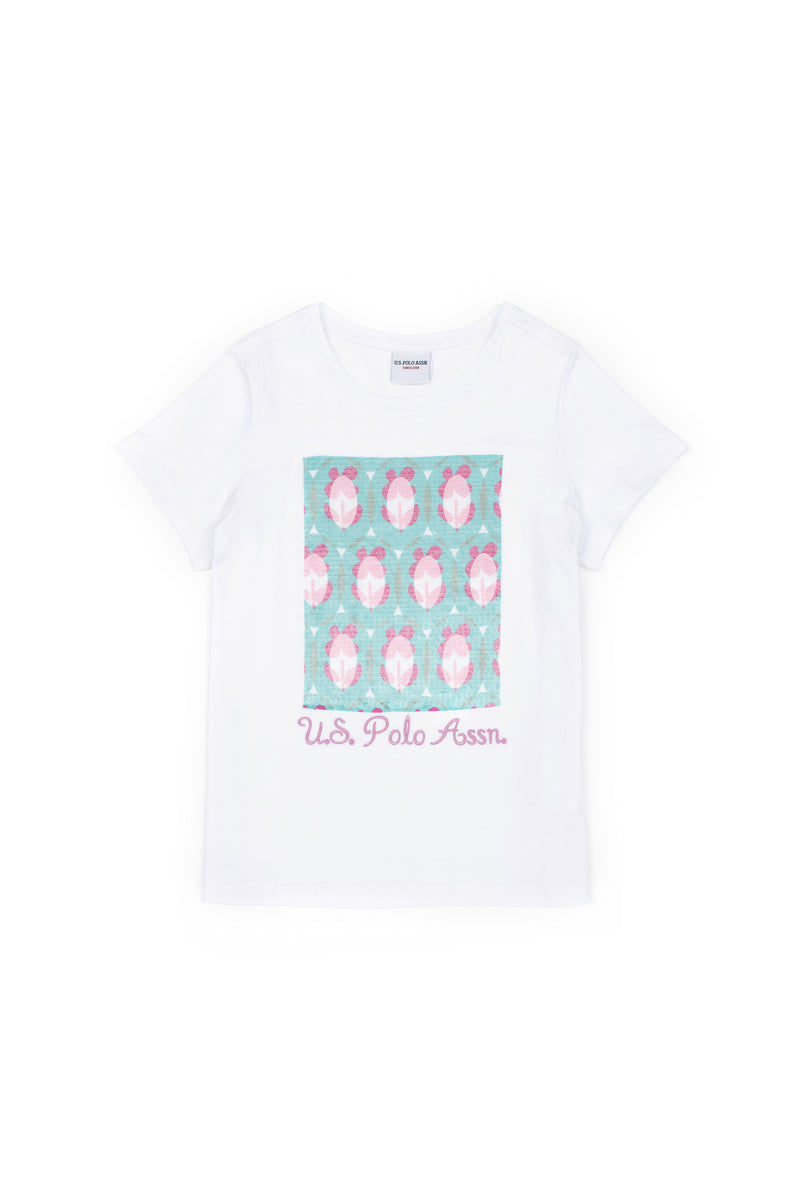 T-shirt USPA me grafik me lule dhe shkëlqim për vajza