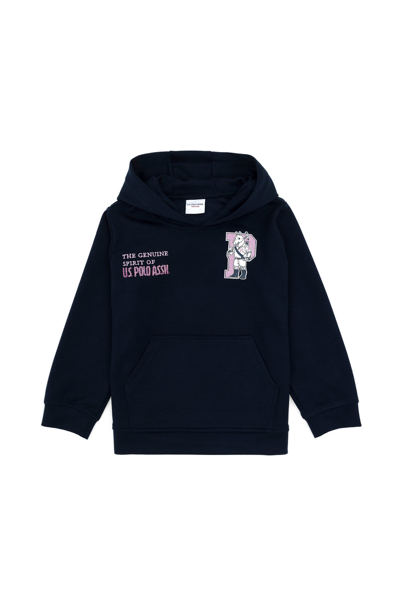 Hoodie me grafikë lojtari dhe kali mbi shkronjën ´P´ për vajza