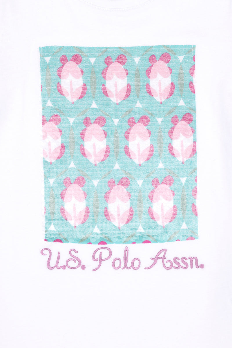 T-shirt USPA me grafik me lule dhe shkëlqim për vajza
